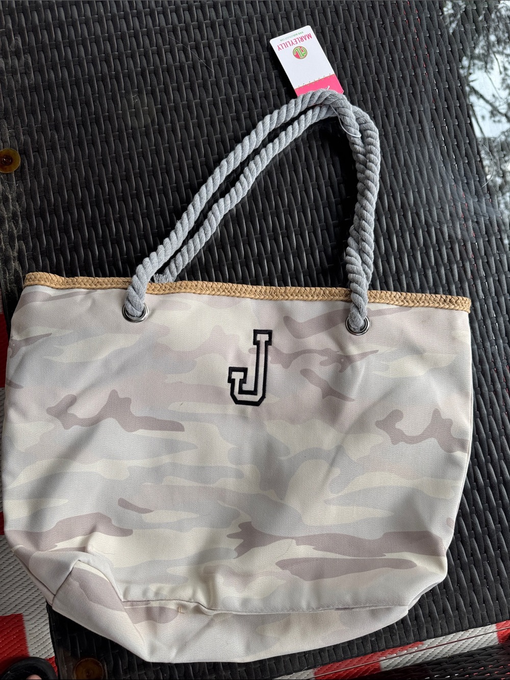 Cream Camo Tote Bag with Rope Handles and 'J' Monogram